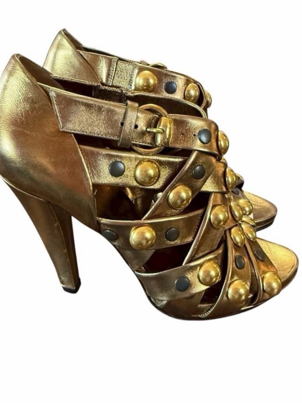 Gucci Gold Leather Babouska Strappy Caged Heeled Sandals EU 37 US 7